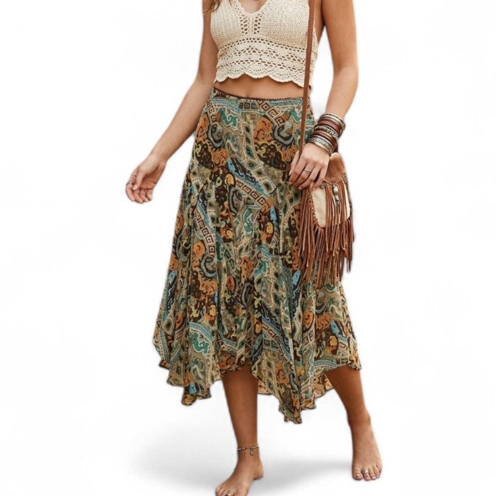 Vintage 90s Fairycore Boho Paisley Midi Skirt